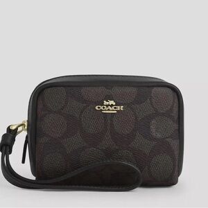 Coach Black/walnut Leather pouch Wristlet